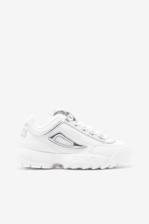 FILA Disruptor 2 Creased Metallic Sneakers White / Metal / Silver,Womens Shoes | CA.KVGJBF348